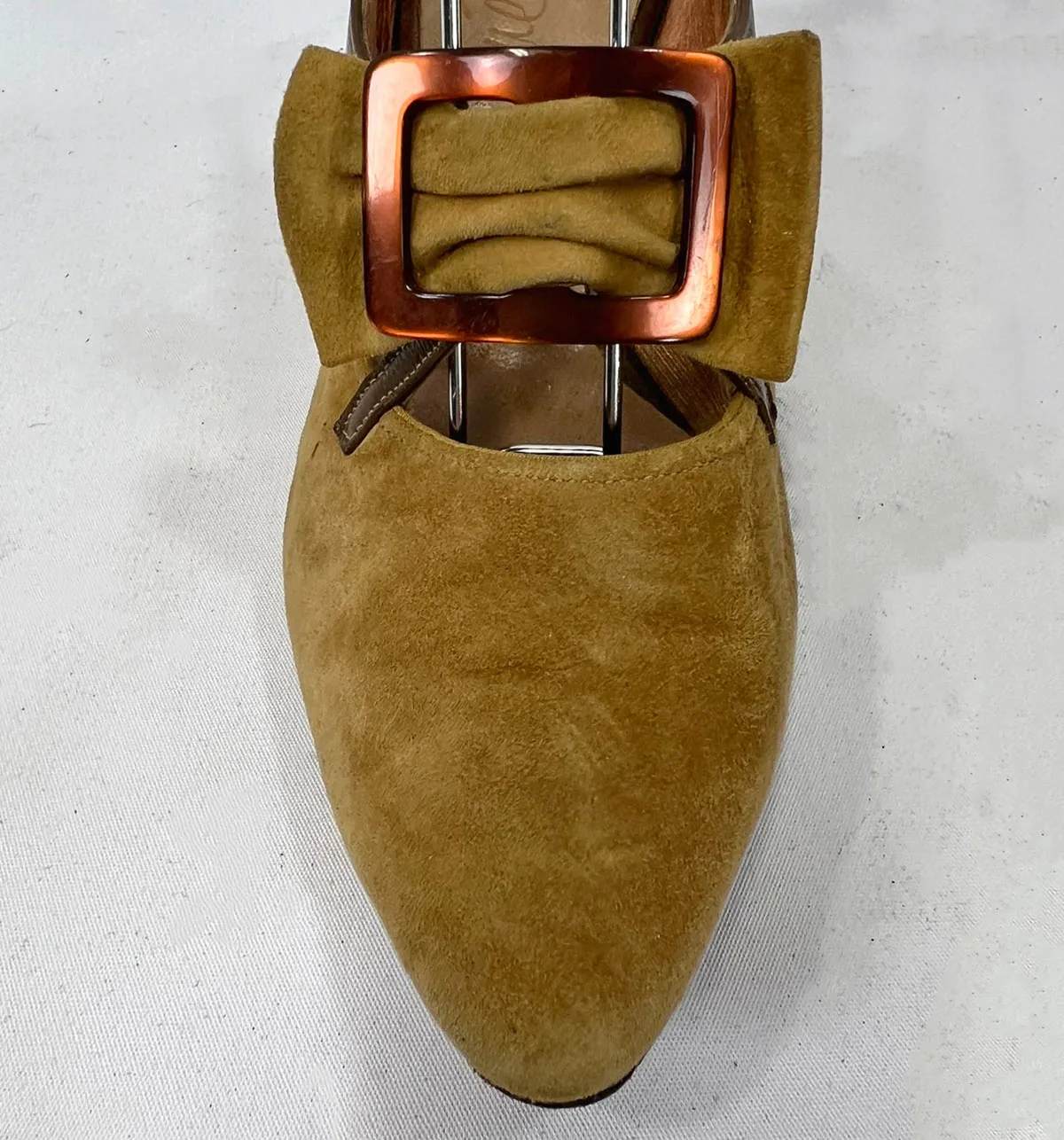 60s Vintage Buckled Stiletto Slingback Heels Olive Green Suede & Leather Shoes Risque VFG