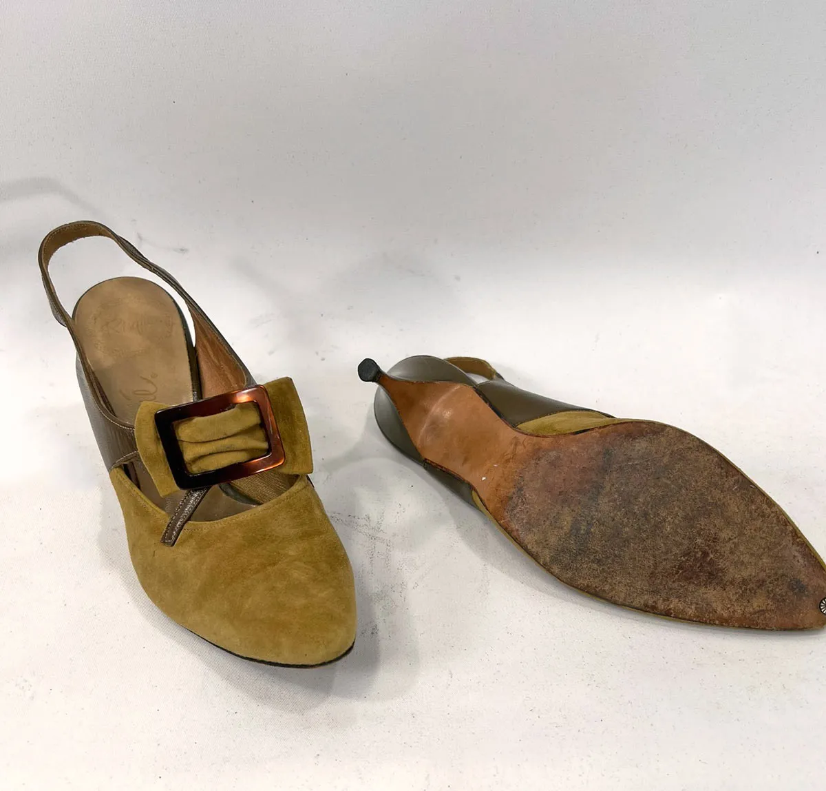 60s Vintage Buckled Stiletto Slingback Heels Olive Green Suede & Leather Shoes Risque VFG