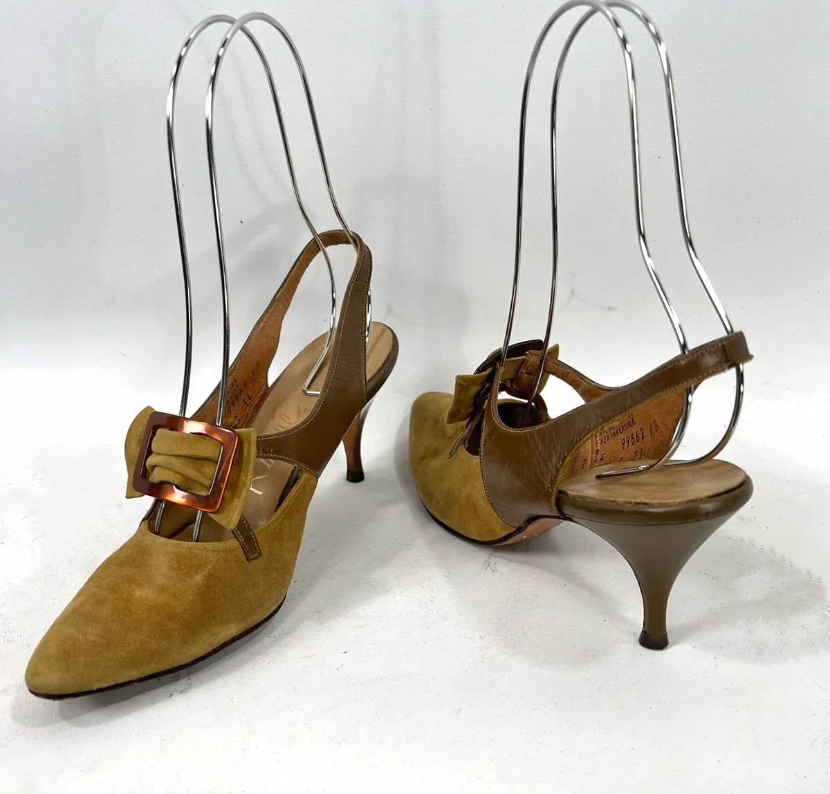 60s Vintage Buckled Stiletto Slingback Heels Olive Green Suede & Leather Shoes Risque VFG