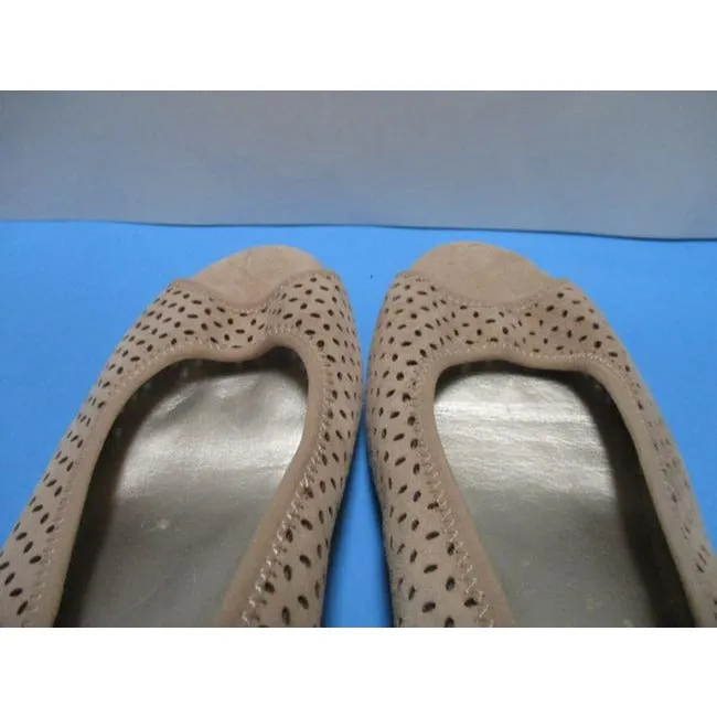 Anne Klein Beige Tan Suede Sport Cadwyn Peep Toe Wedge Pumps Size Us