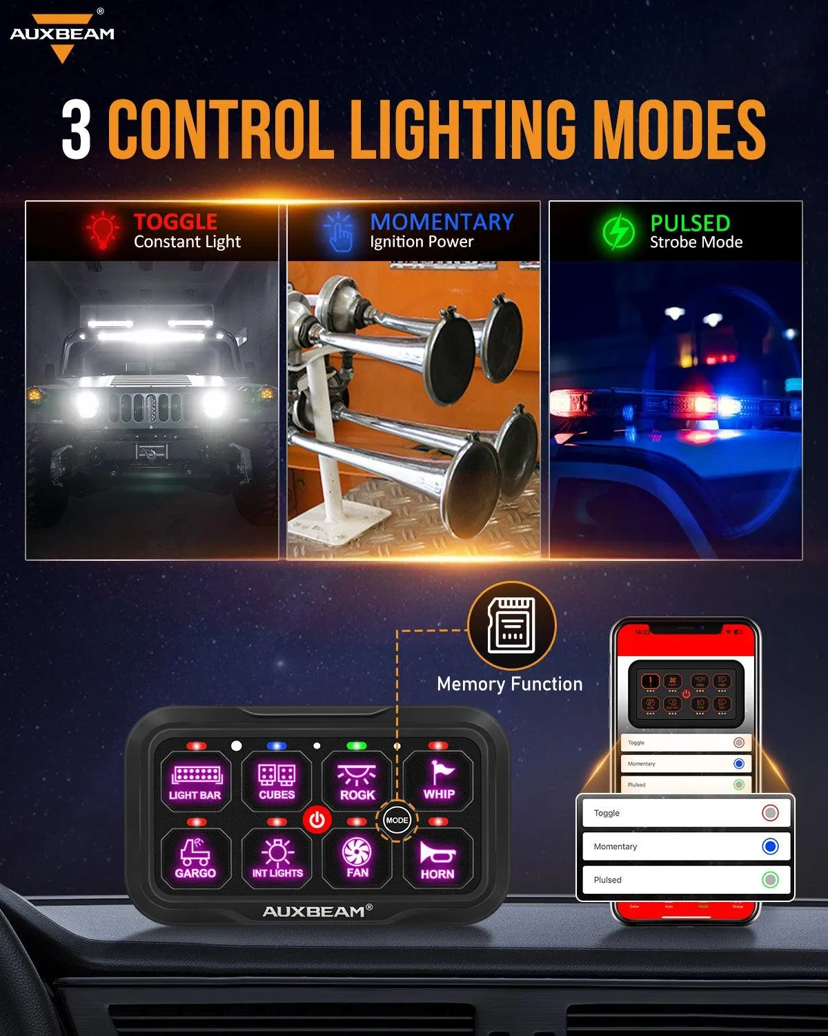 AR-800 RGB Switch Panel with APP 32 Inch 5D-PRO LED Light Bar, Toggle/ Momentary/ Pulsed Mode Supported