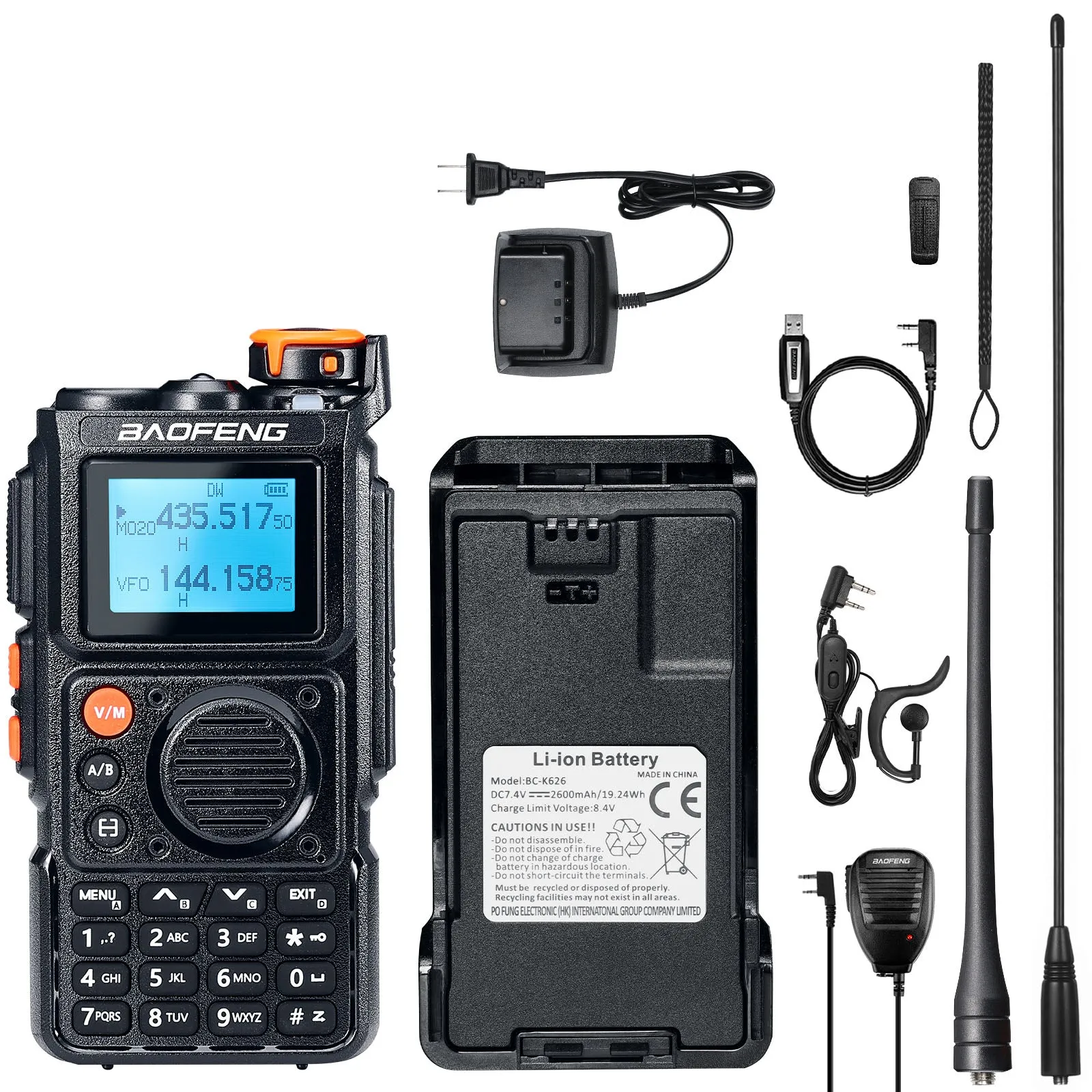 Baofeng K6 Tri-Band Radio | 5W | 999 CH | UHF/VHF/1.25M/NOAA/FM/Air Receiver |  Reverse Repeater Freq | 2600mAh Type-C Battery