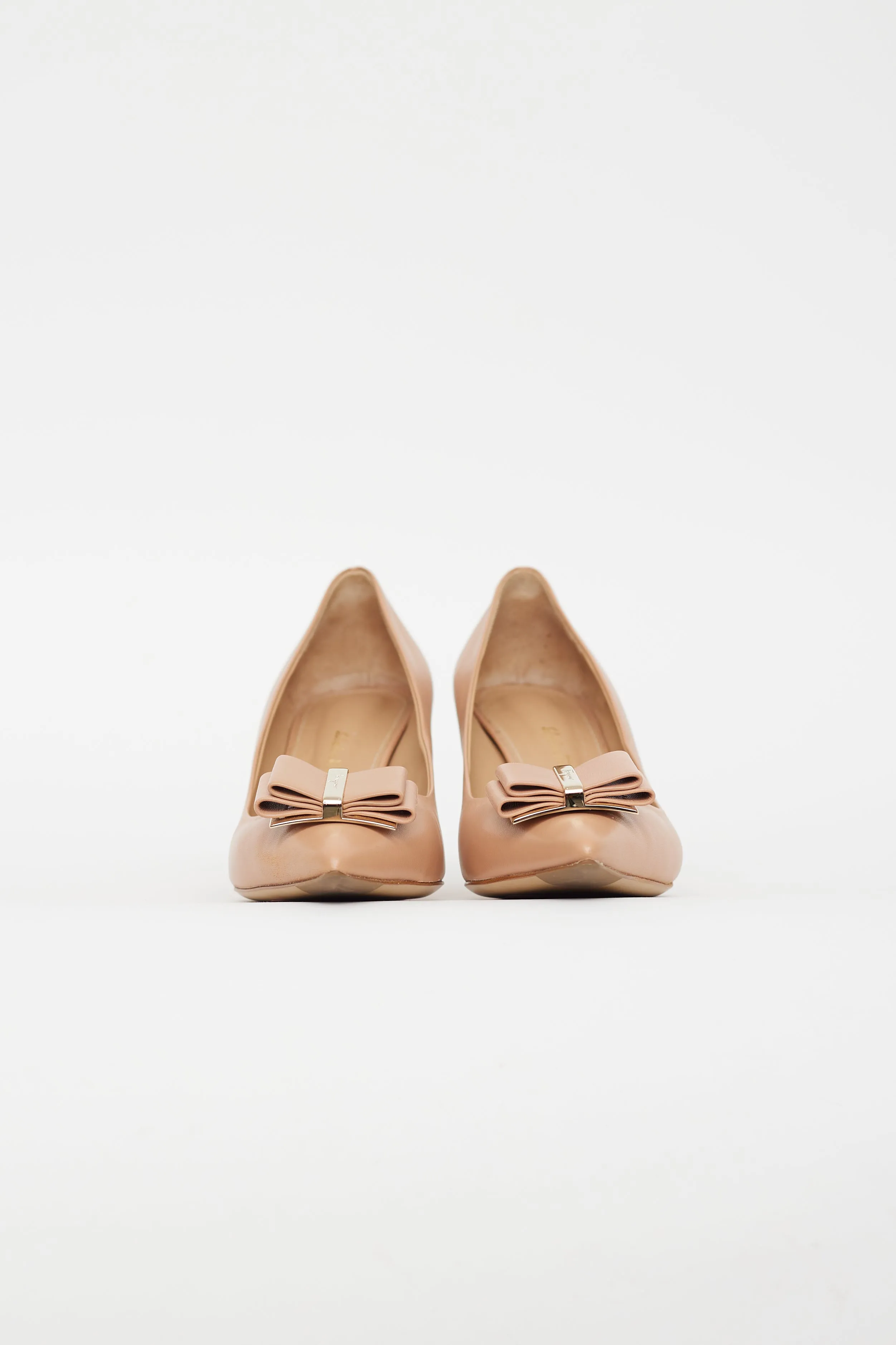 Beige Leather Pointed Toe Bow Pump