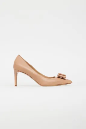 Beige Leather Pointed Toe Bow Pump