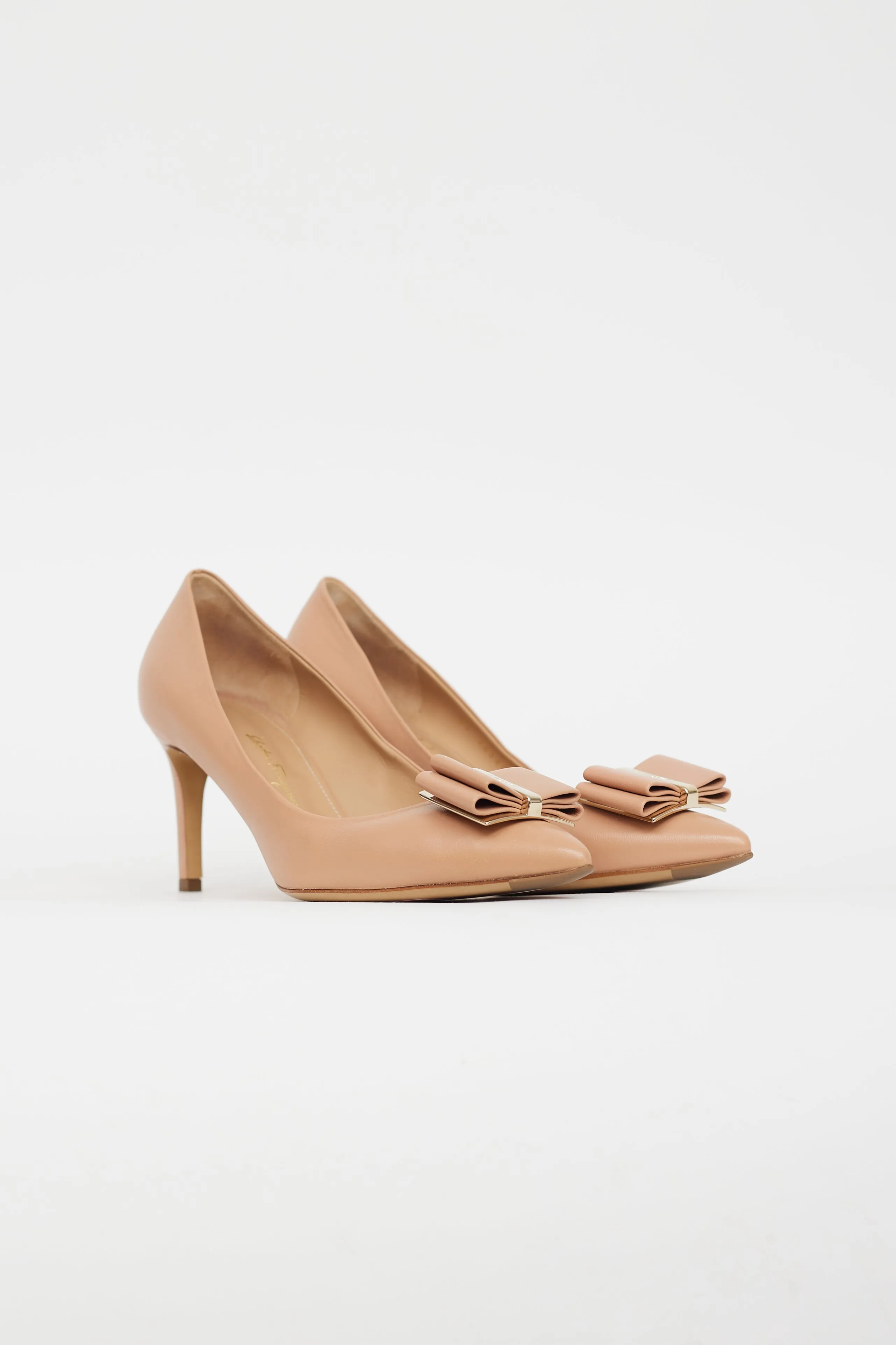 Beige Leather Pointed Toe Bow Pump