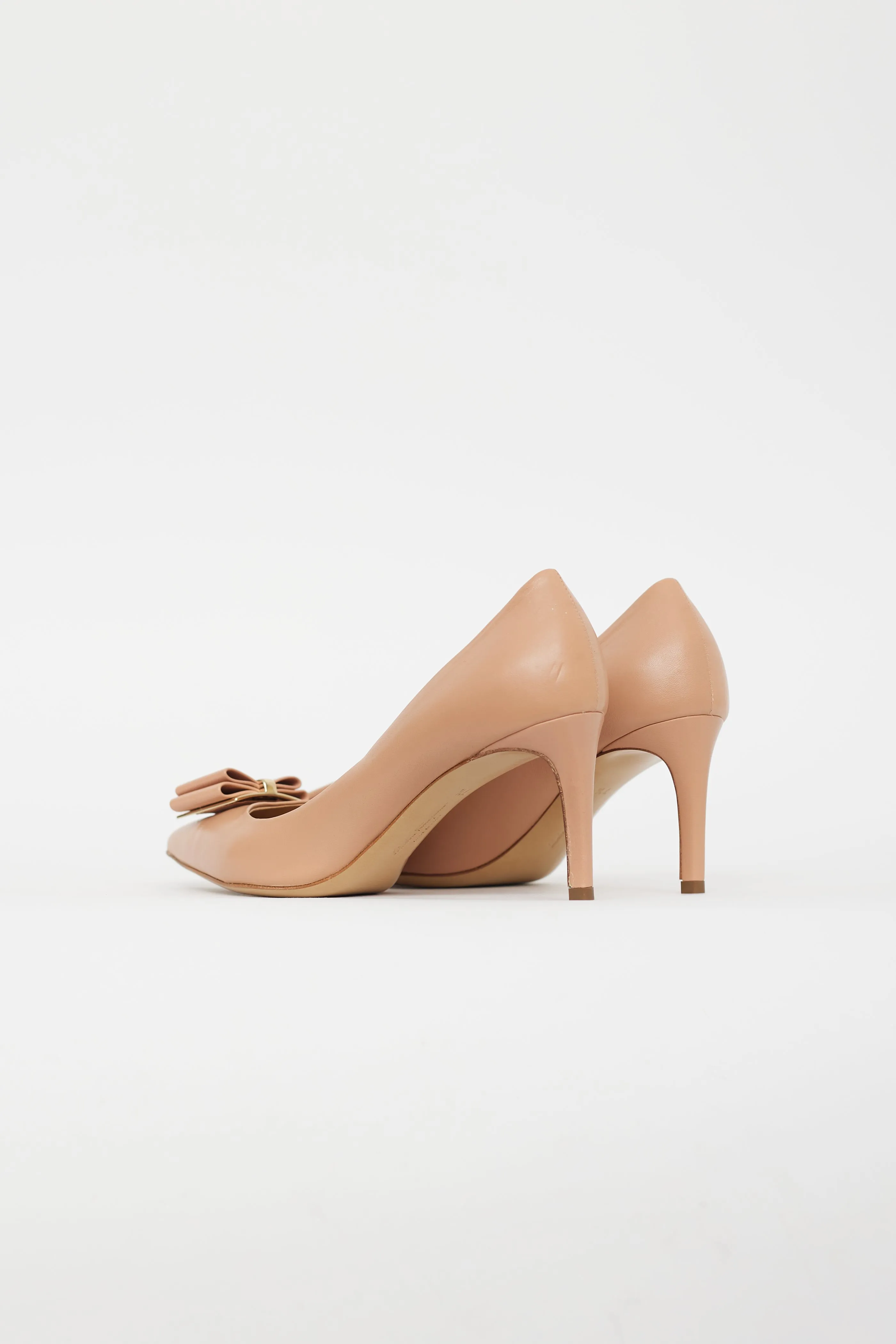 Beige Leather Pointed Toe Bow Pump