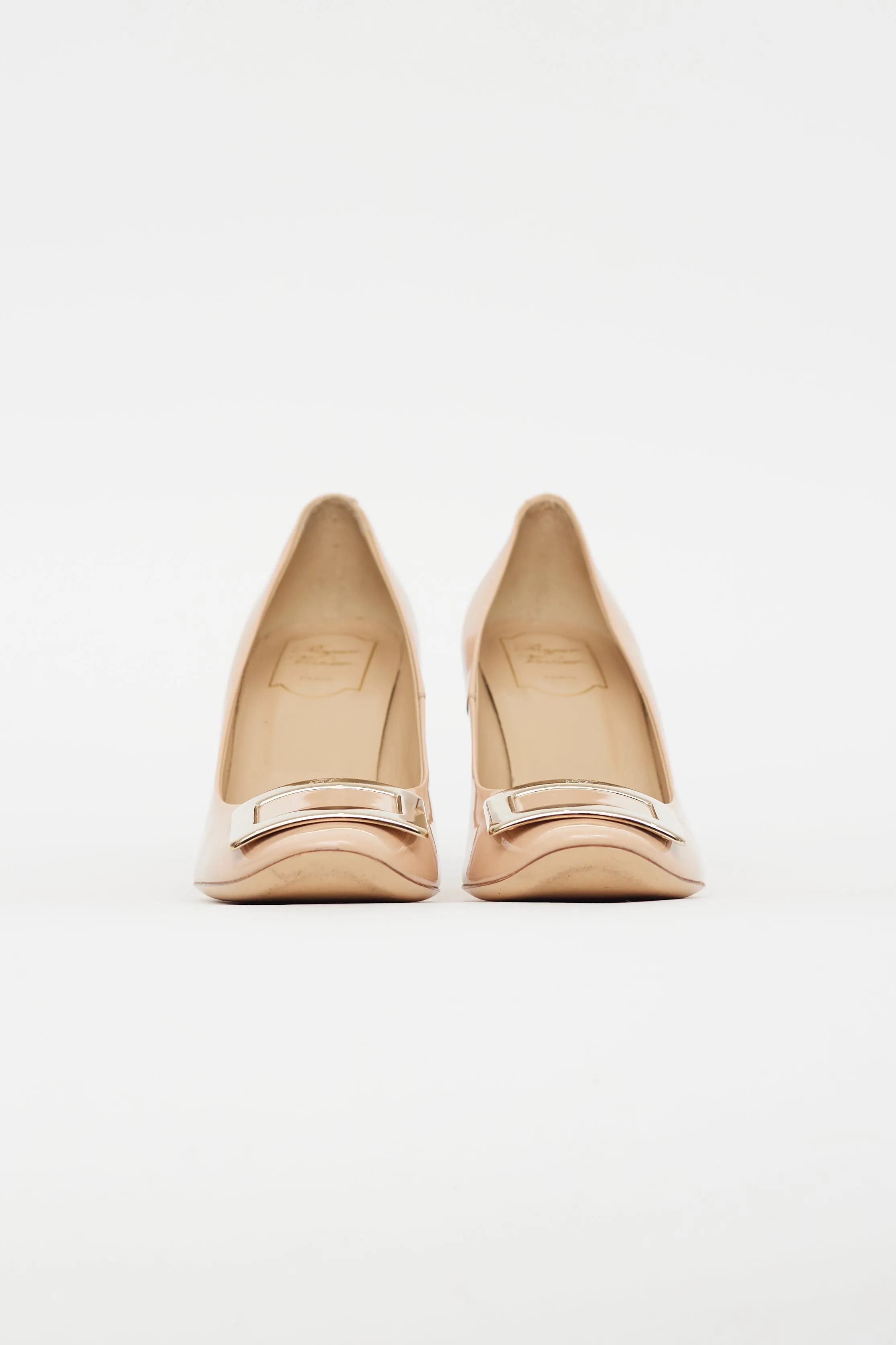 Beige Patent Leather Gold Buckle Pump
