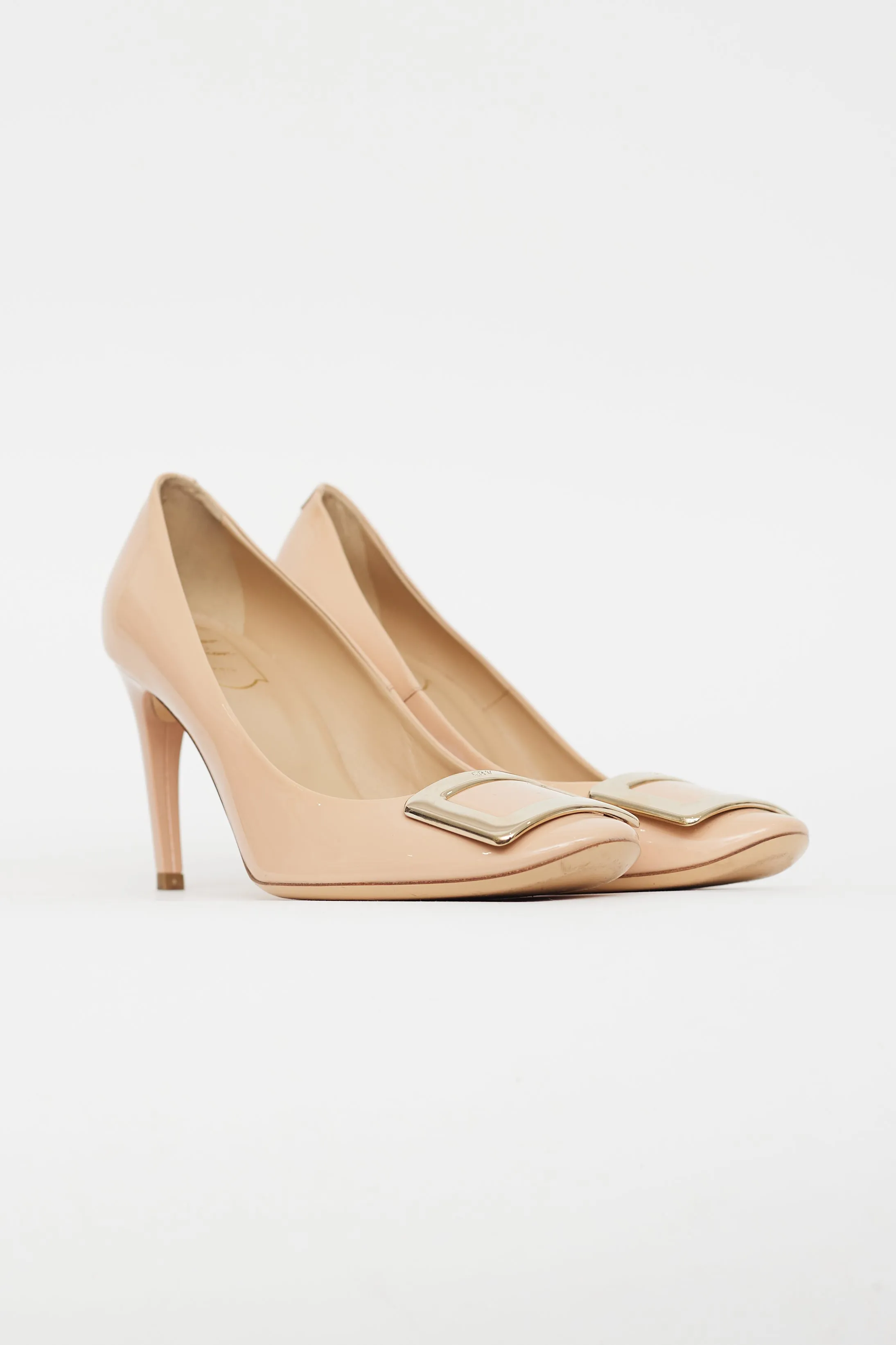 Beige Patent Leather Gold Buckle Pump
