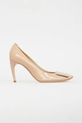 Beige Patent Leather Gold Buckle Pump