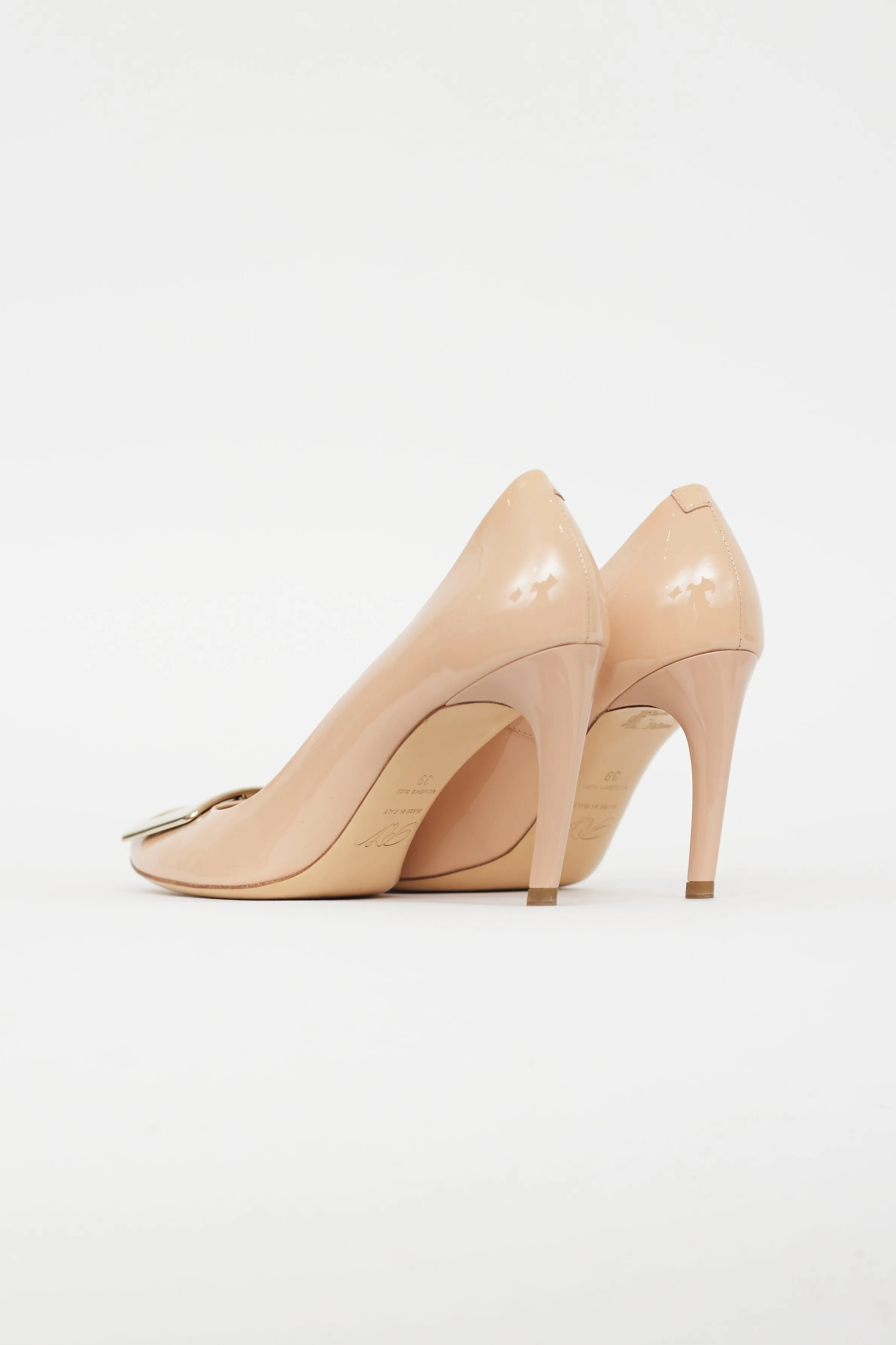 Beige Patent Leather Gold Buckle Pump
