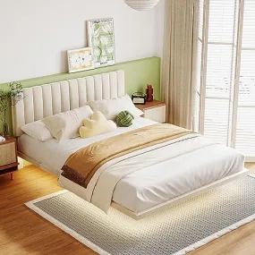 Bellemave Floating Bed Frame Queen Size Upholstered Bed with Sensor Light and Headboard, Floating Velvet Platform Bed, No Box Spring Needed for Kids Teens Adults,Beige