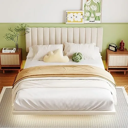Bellemave Floating Bed Frame Queen Size Upholstered Bed with Sensor Light and Headboard, Floating Velvet Platform Bed, No Box Spring Needed for Kids Teens Adults,Beige