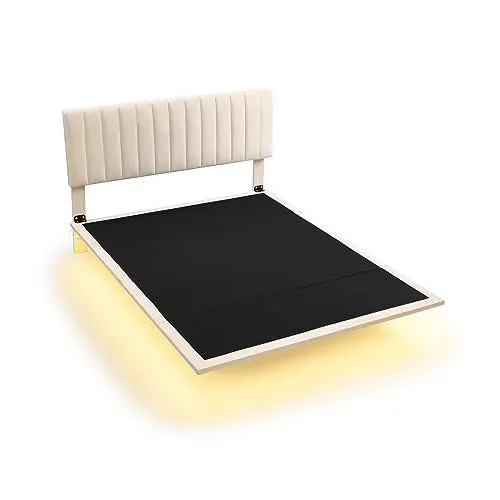 Bellemave Floating Bed Frame Queen Size Upholstered Bed with Sensor Light and Headboard, Floating Velvet Platform Bed, No Box Spring Needed for Kids Teens Adults,Beige