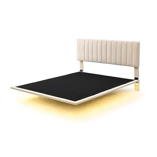 Bellemave Floating Bed Frame Queen Size Upholstered Bed with Sensor Light and Headboard, Floating Velvet Platform Bed, No Box Spring Needed for Kids Teens Adults,Beige