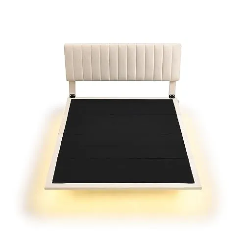 Bellemave Floating Bed Frame Queen Size Upholstered Bed with Sensor Light and Headboard, Floating Velvet Platform Bed, No Box Spring Needed for Kids Teens Adults,Beige