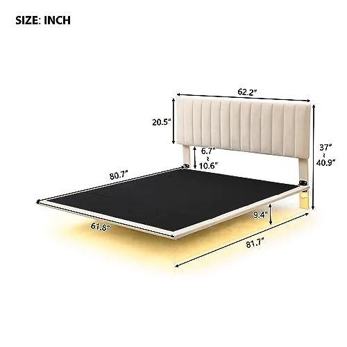 Bellemave Floating Bed Frame Queen Size Upholstered Bed with Sensor Light and Headboard, Floating Velvet Platform Bed, No Box Spring Needed for Kids Teens Adults,Beige