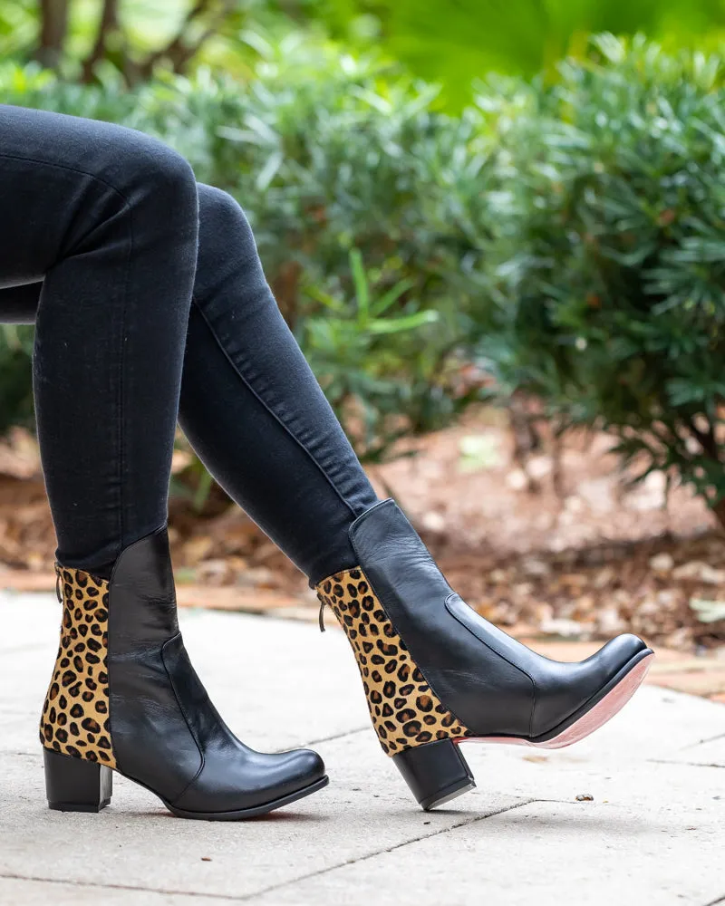 Black Leather and Leopard Bootie