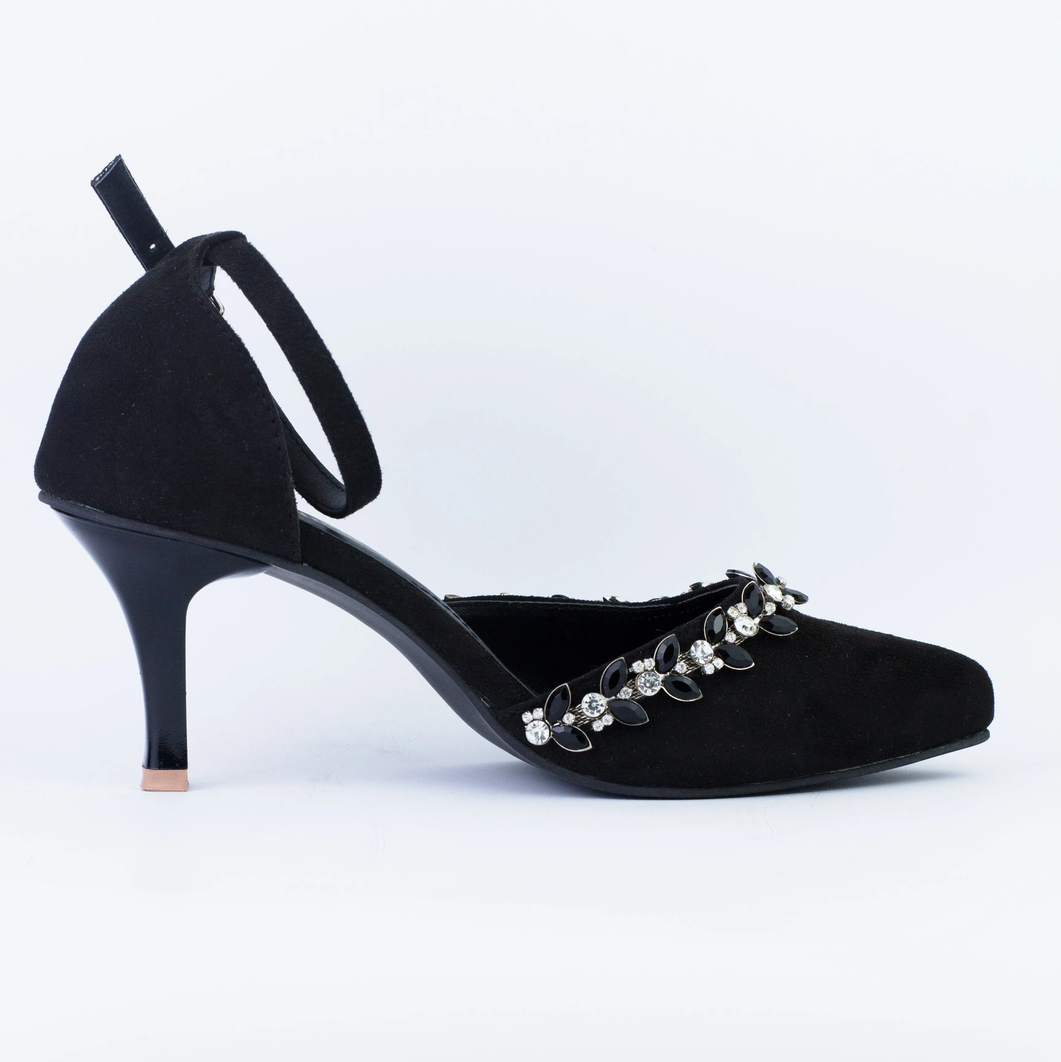 Black Petal Crystal Flowers Studded Pointed Toe Leather Heels