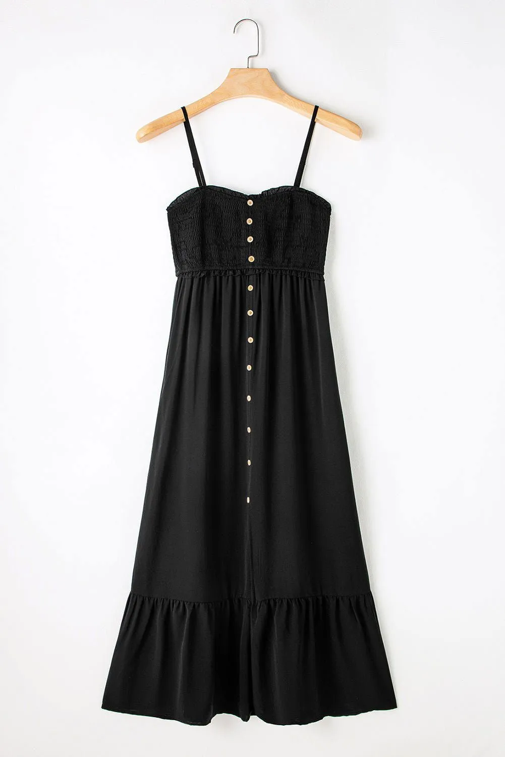 Black Smocked Button Pocketed Spaghetti Strap Maxi Dress