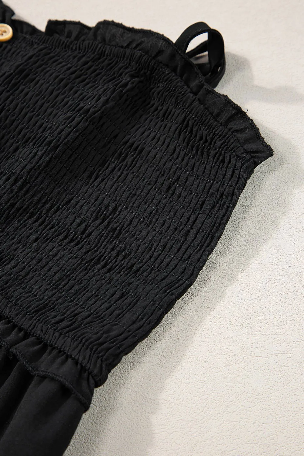Black Smocked Button Pocketed Spaghetti Strap Maxi Dress