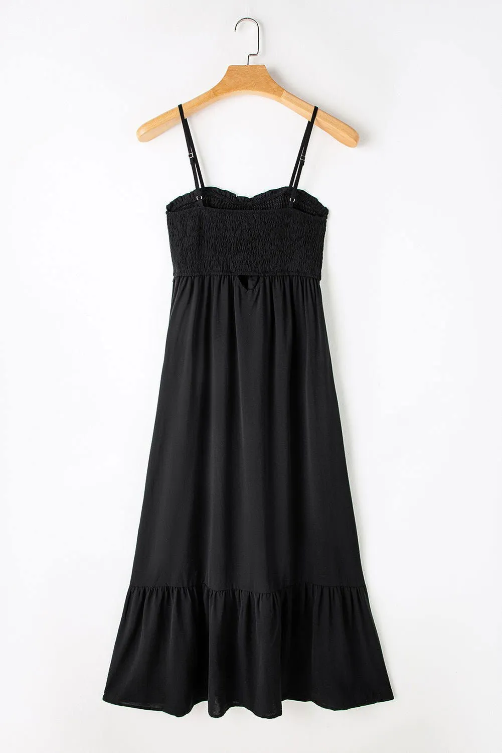 Black Smocked Button Pocketed Spaghetti Strap Maxi Dress