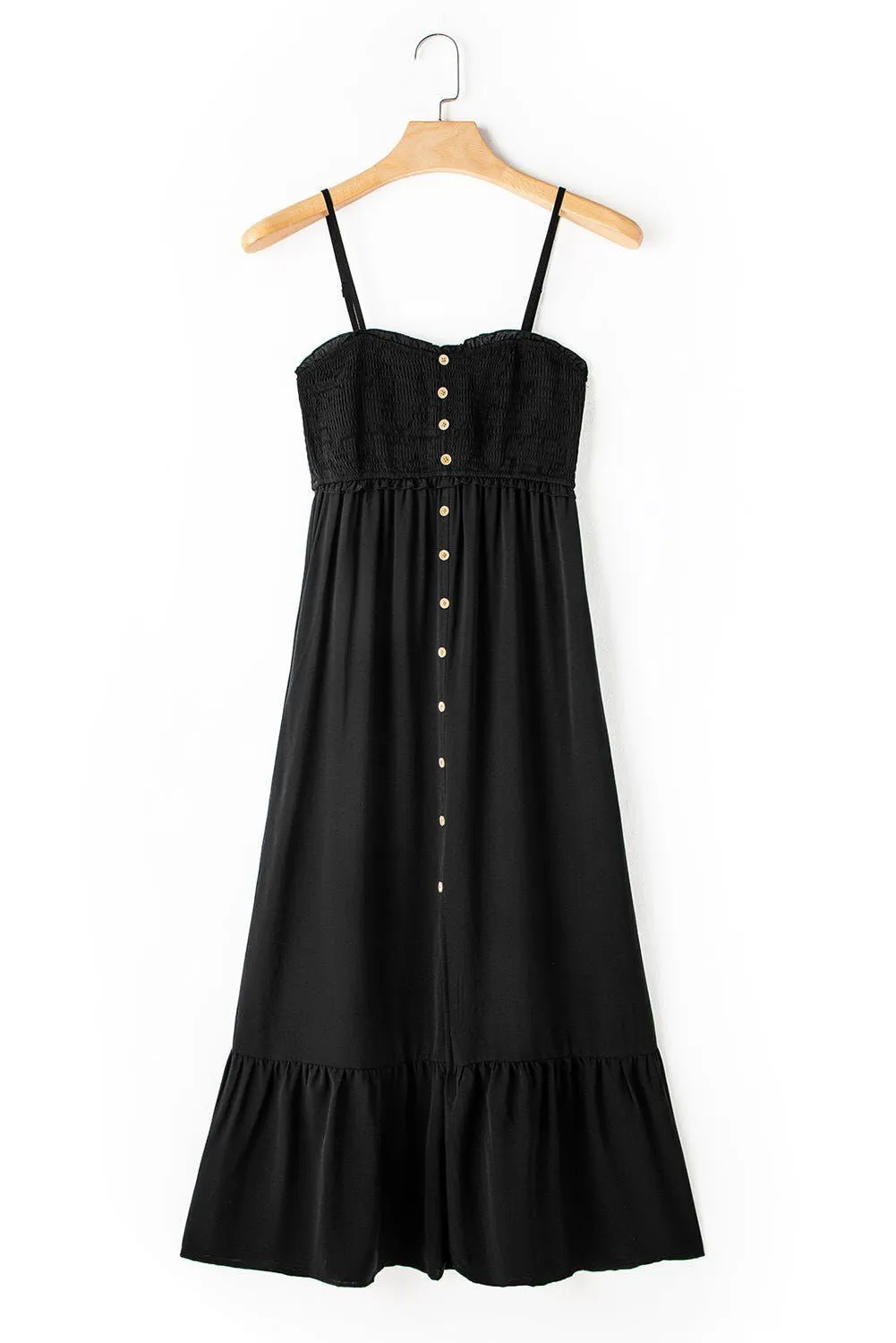 Black Smocked Button Pocketed Spaghetti Strap Maxi Dress