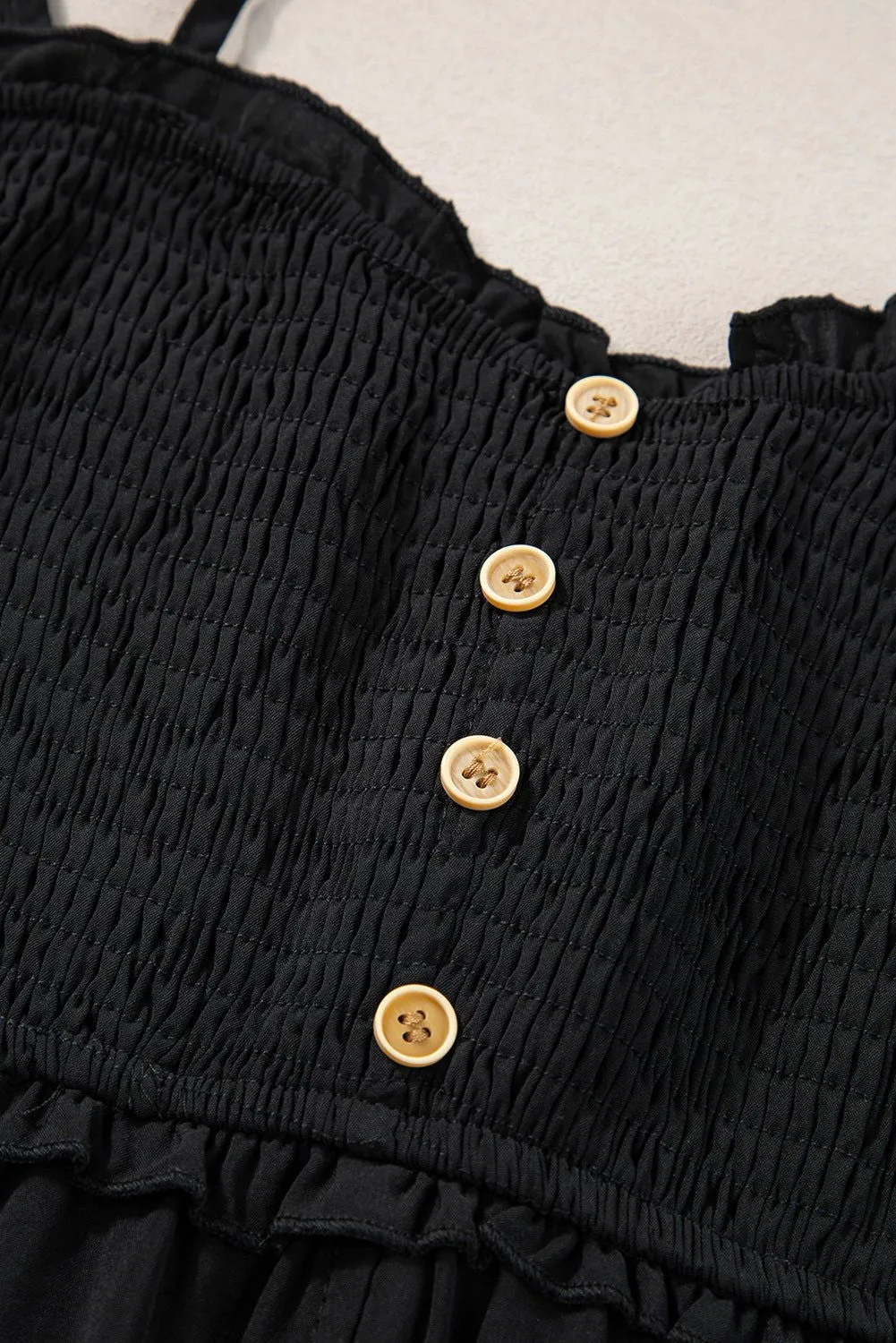 Black Smocked Button Pocketed Spaghetti Strap Maxi Dress