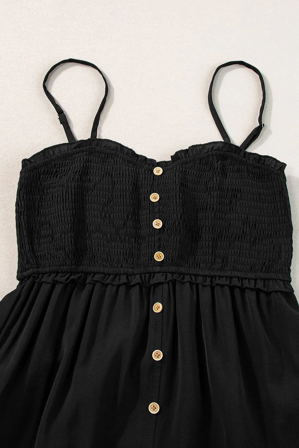 Black Smocked Button Pocketed Spaghetti Strap Maxi Dress