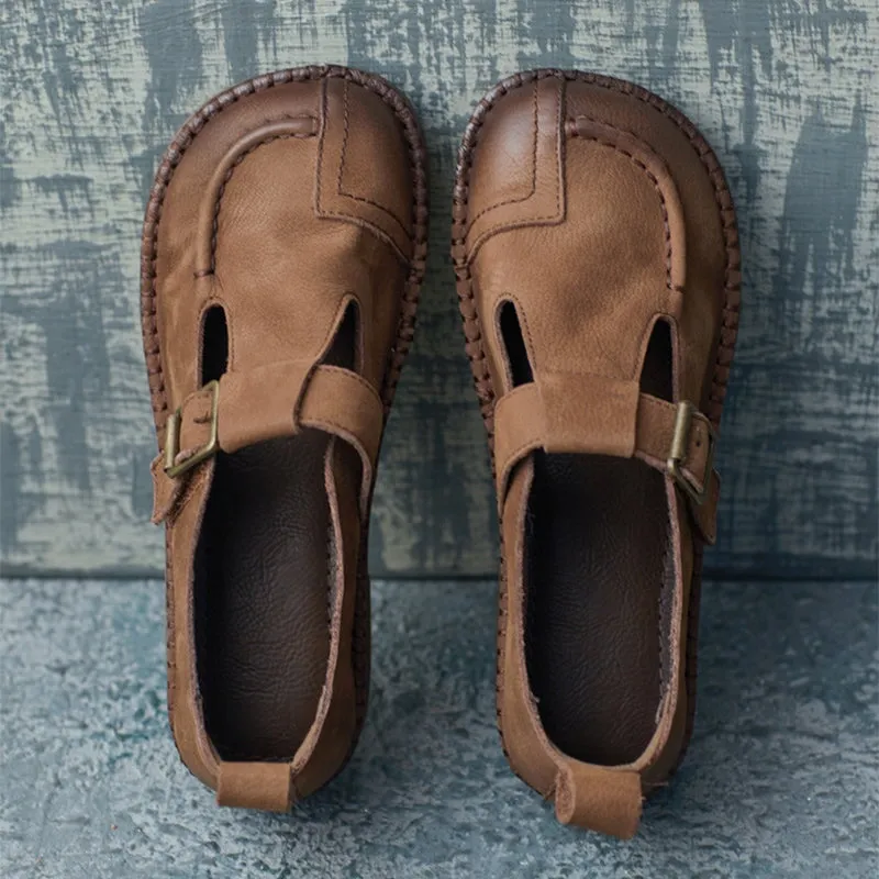 British Style Handmade Buckle Strap Flats For Women Round Toe In Dark Grey/Coffee