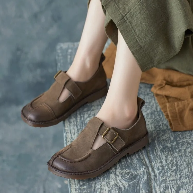 British Style Handmade Buckle Strap Flats For Women Round Toe In Dark Grey/Coffee