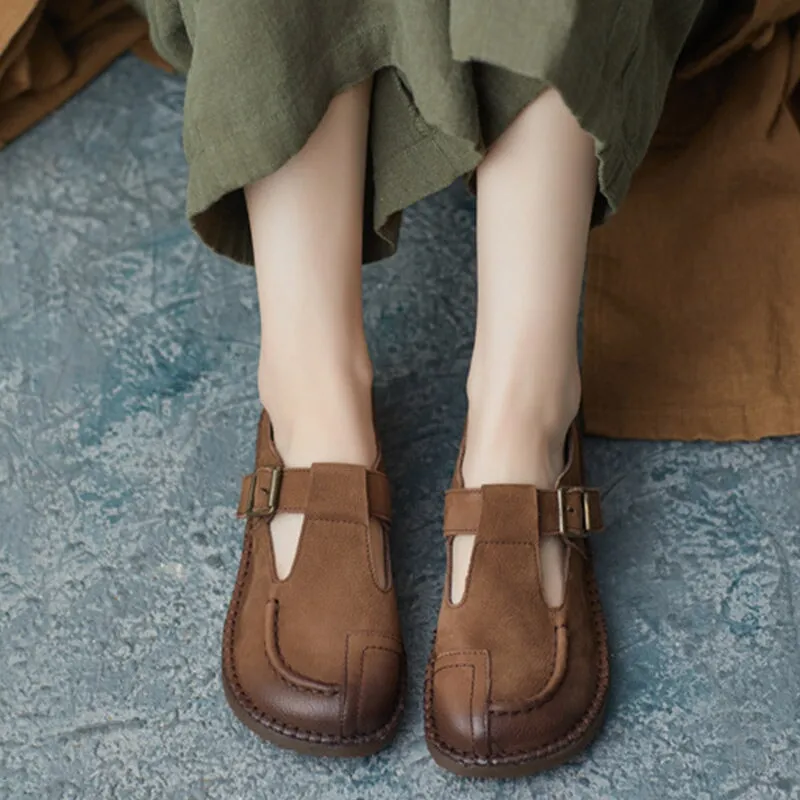 British Style Handmade Buckle Strap Flats For Women Round Toe In Dark Grey/Coffee
