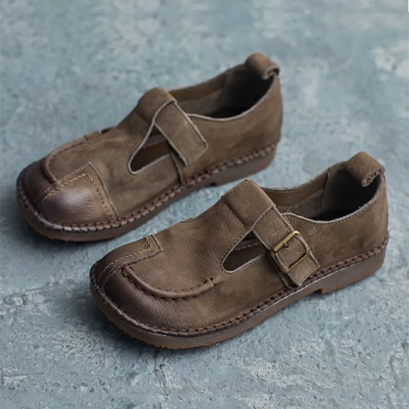 British Style Handmade Buckle Strap Flats For Women Round Toe In Dark Grey/Coffee