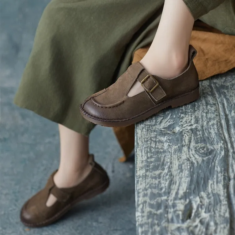 British Style Handmade Buckle Strap Flats For Women Round Toe In Dark Grey/Coffee