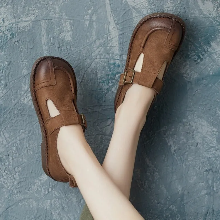 British Style Handmade Buckle Strap Flats For Women Round Toe In Dark Grey/Coffee