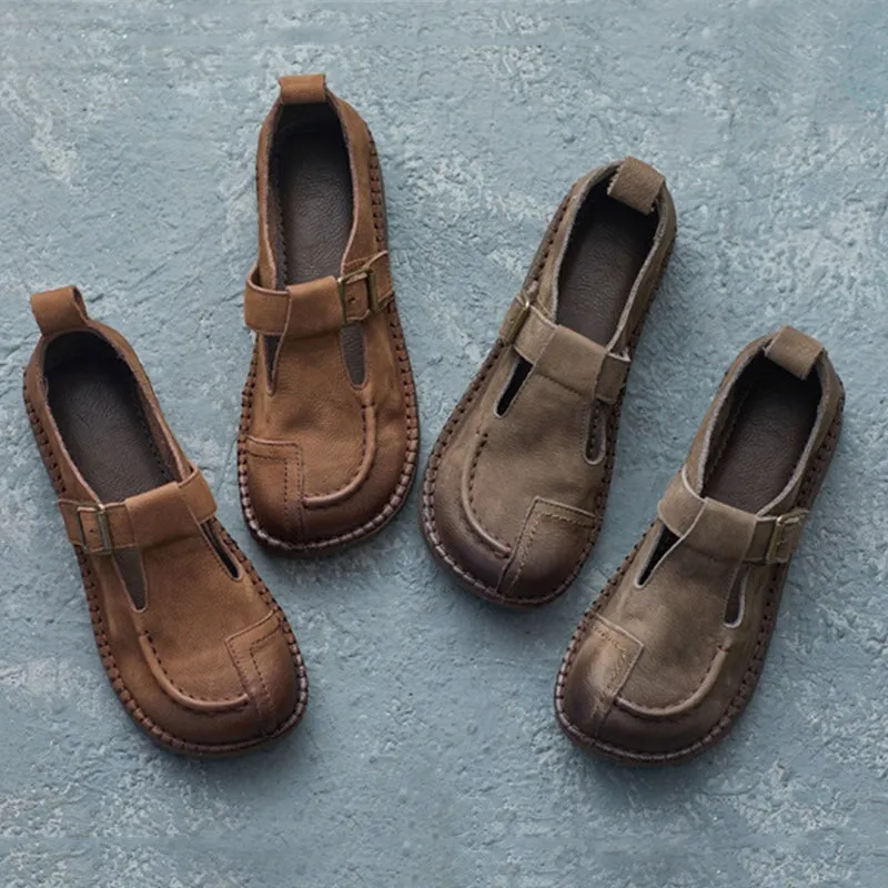 British Style Handmade Buckle Strap Flats For Women Round Toe In Dark Grey/Coffee