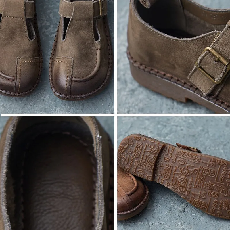British Style Handmade Buckle Strap Flats For Women Round Toe In Dark Grey/Coffee