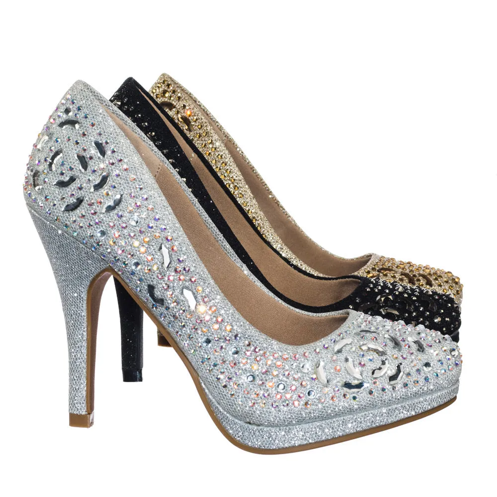 Cassie70 by Delicacy, Sparkling High Heel Dress Pump w Round Toe, Glitter & Rhinestones