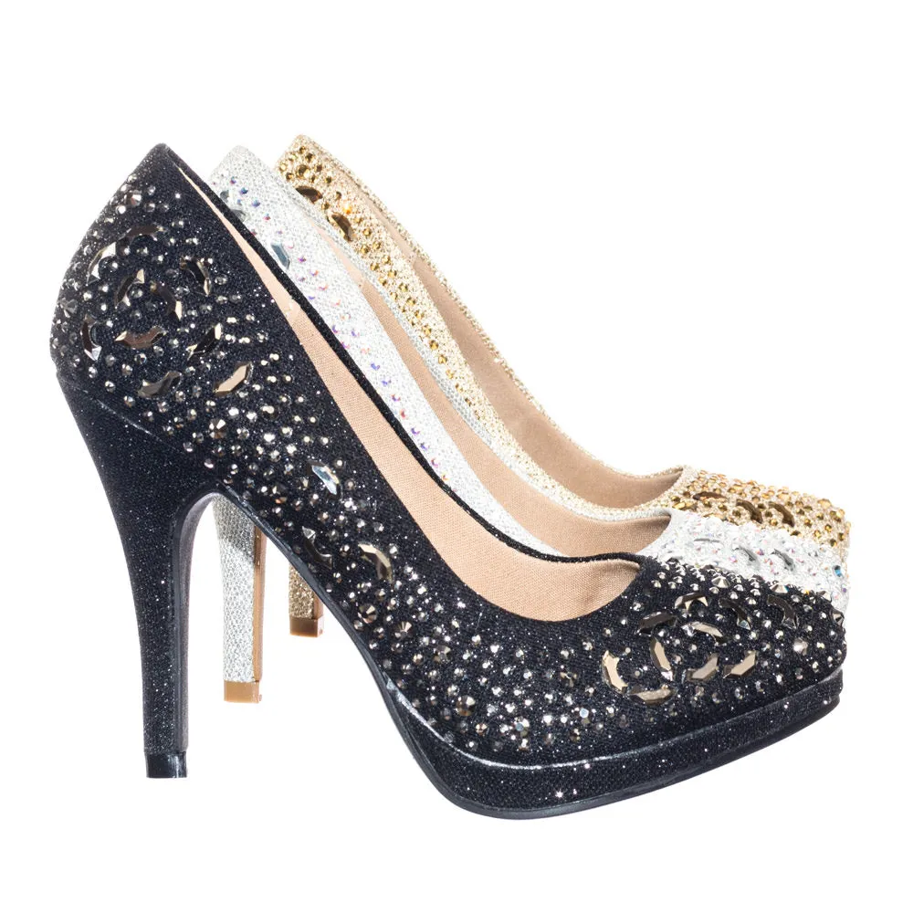 Cassie70 by Delicacy, Sparkling High Heel Dress Pump w Round Toe, Glitter & Rhinestones