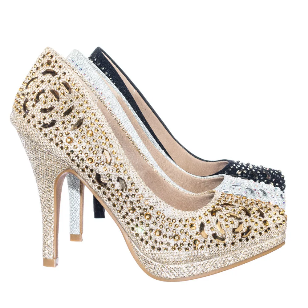 Cassie70 by Delicacy, Sparkling High Heel Dress Pump w Round Toe, Glitter & Rhinestones