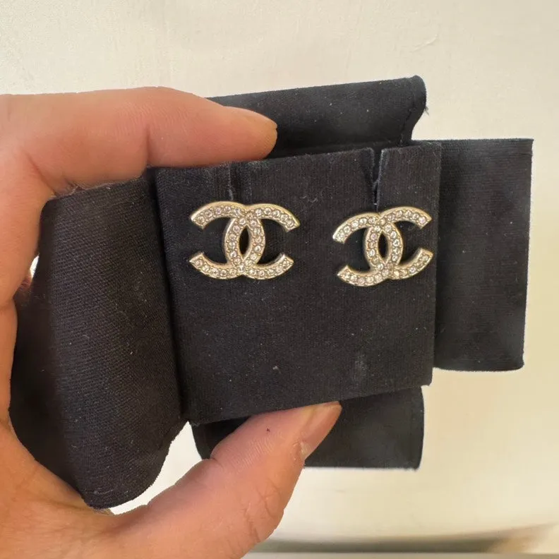 Chanel CC Gold Crystal Stud Earrings