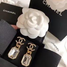 Chanel Crystal Gold Logo Drop Earrings