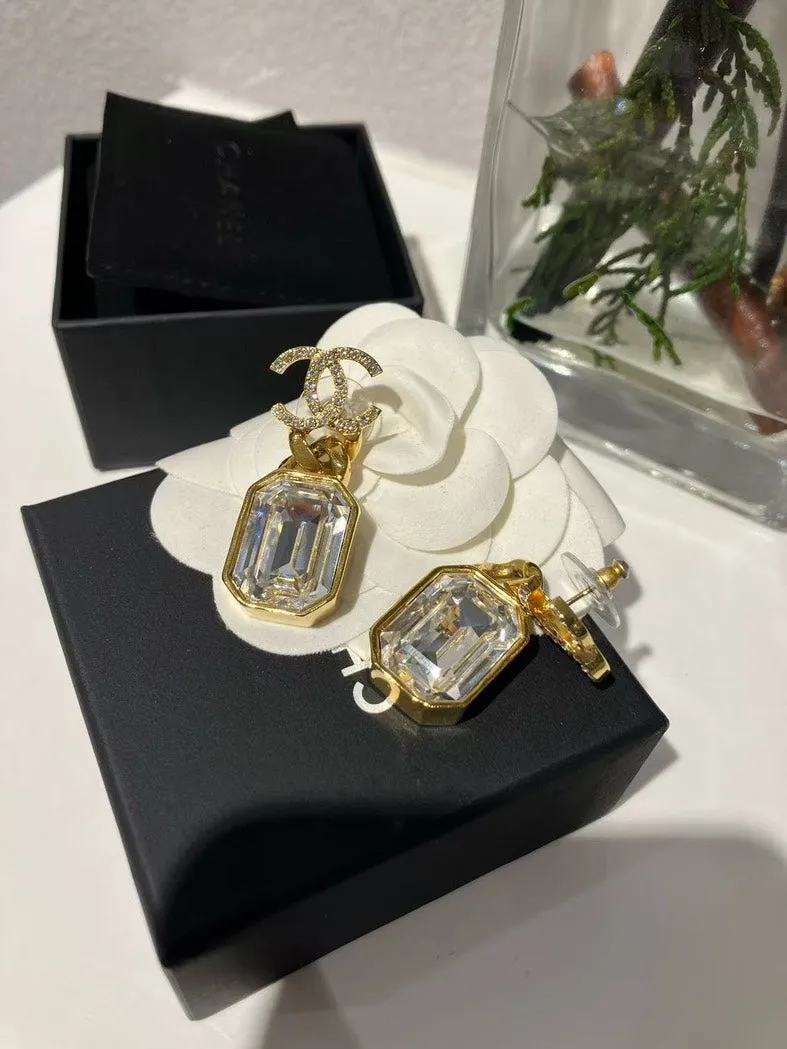 Chanel Crystal Gold Logo Drop Earrings