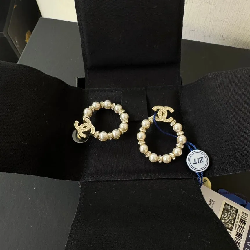 Chanel Pearl Gold Crystal CC Drop Hoop Earrings