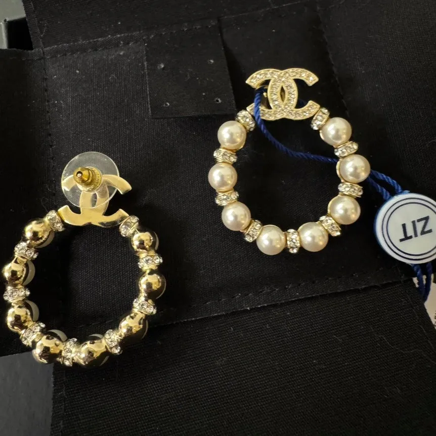 Chanel Pearl Gold Crystal CC Drop Hoop Earrings