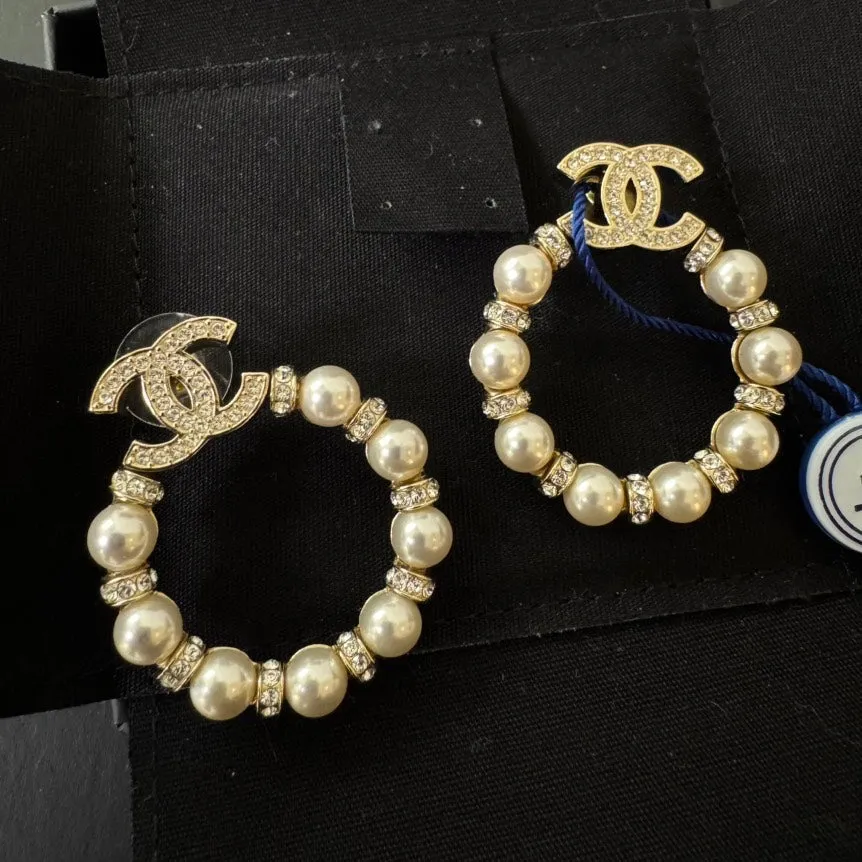 Chanel Pearl Gold Crystal CC Drop Hoop Earrings