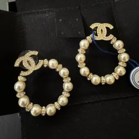 Chanel Pearl Gold Crystal CC Drop Hoop Earrings