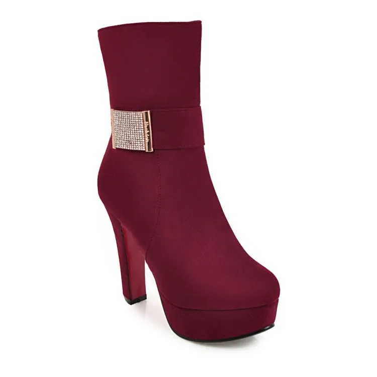 Crystal Decorate Round Toe Platform Stiletto High Heels Short Boots