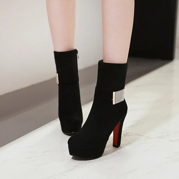 Crystal Decorate Round Toe Platform Stiletto High Heels Short Boots