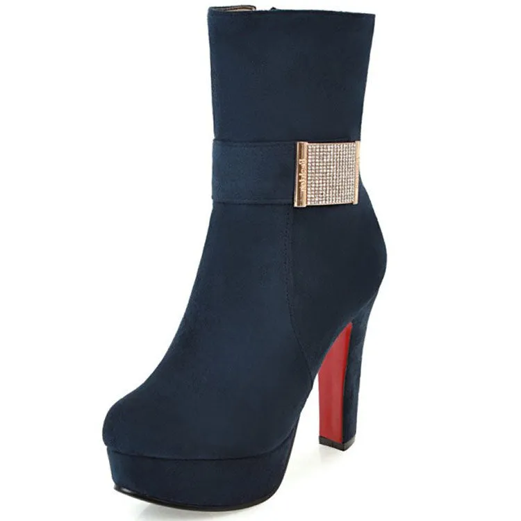 Crystal Decorate Round Toe Platform Stiletto High Heels Short Boots