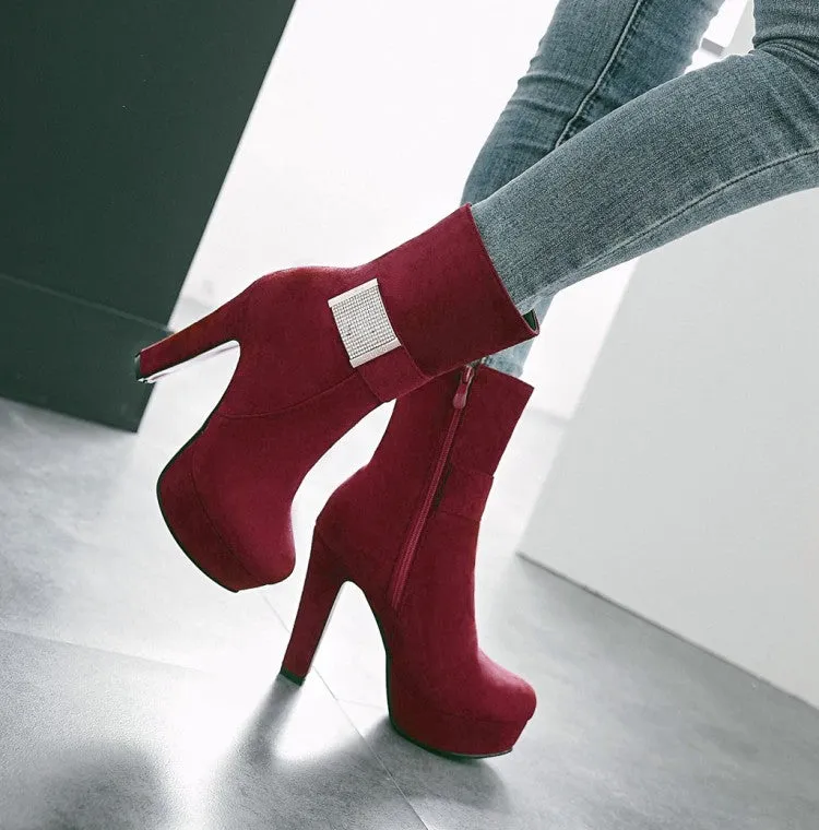 Crystal Decorate Round Toe Platform Stiletto High Heels Short Boots
